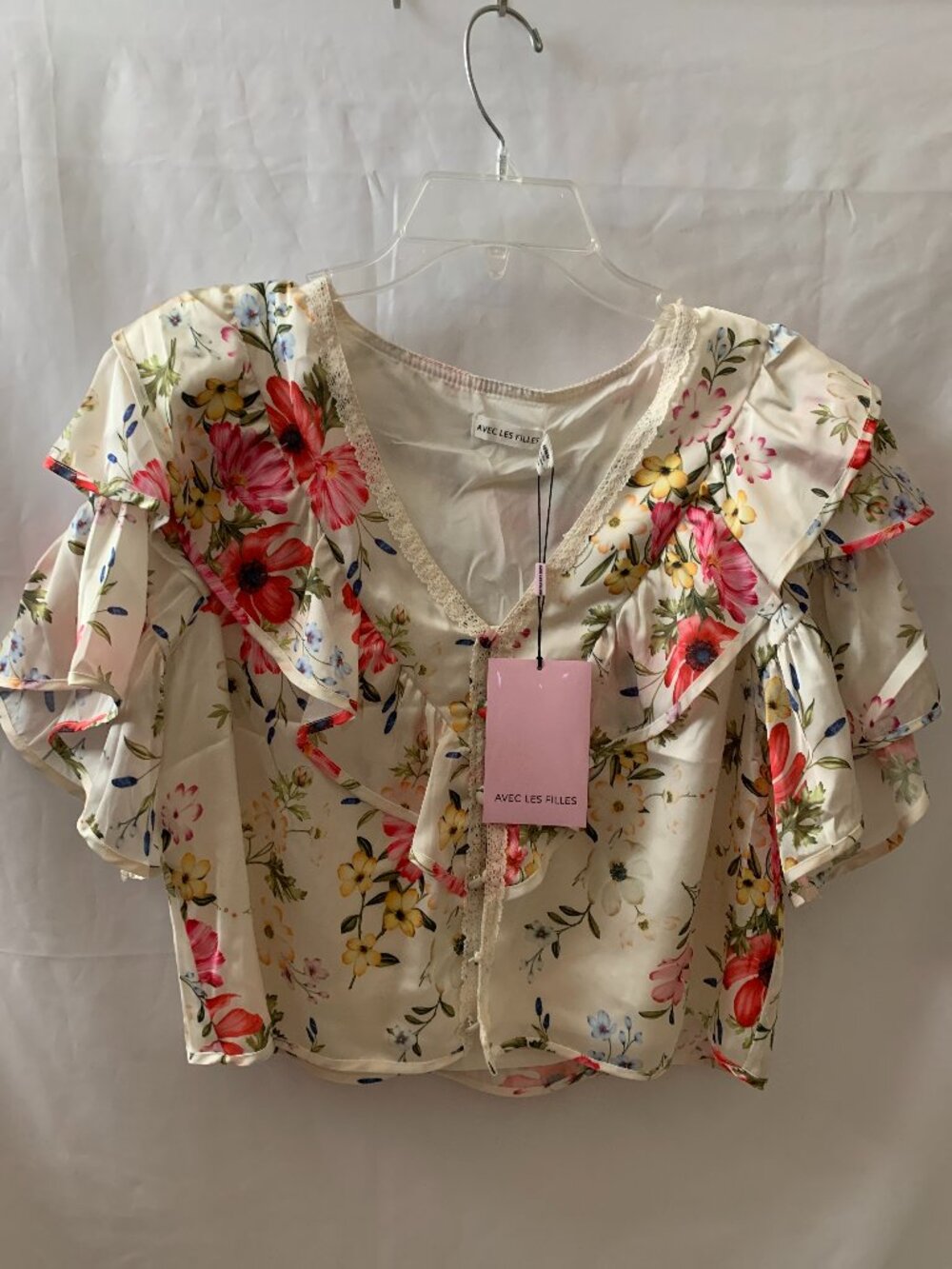 AVEC LES FILLES Tiered Ruffled Floral Crop Top Sz MEDIUM